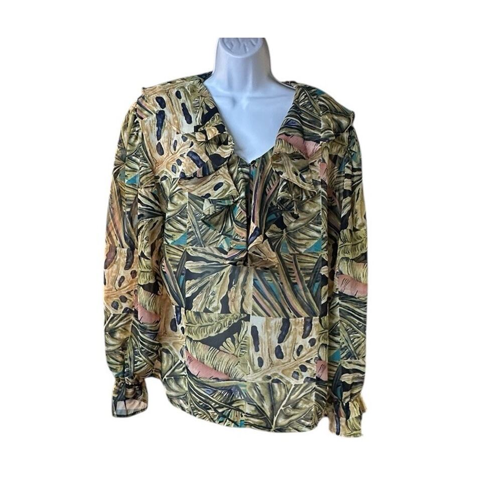 Vintage Le Caviar Sheer Blouse L Tropical Leaf Print Lightweight Button Front